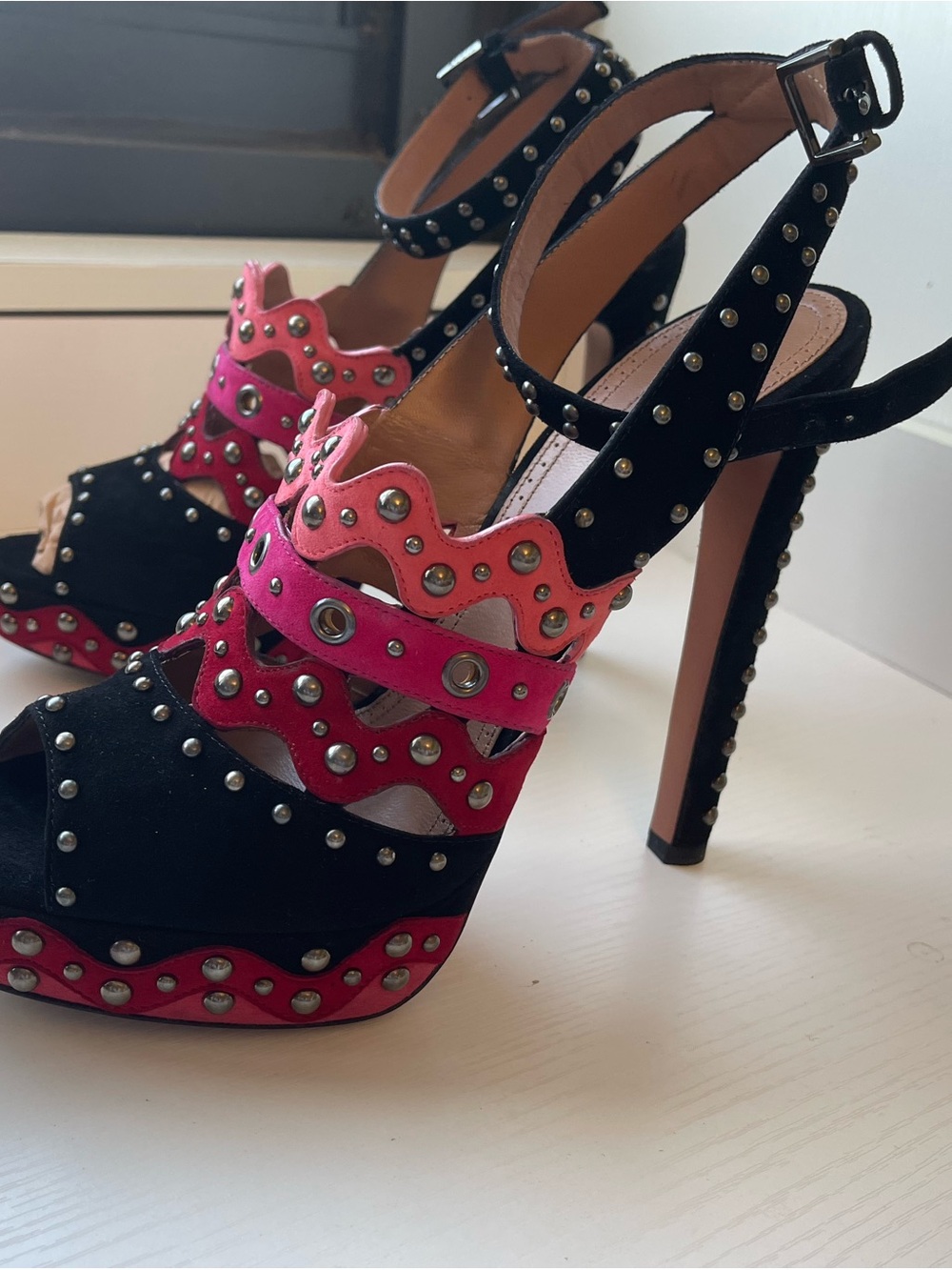 Alaia Black, Pink and Red Scalloped Studded Platform Sandals - Picture 4 of 12